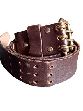True Vintage Belt XL 42-44 Hippy Brown Leather Brass Buckle Buffalo Cowhide 70's